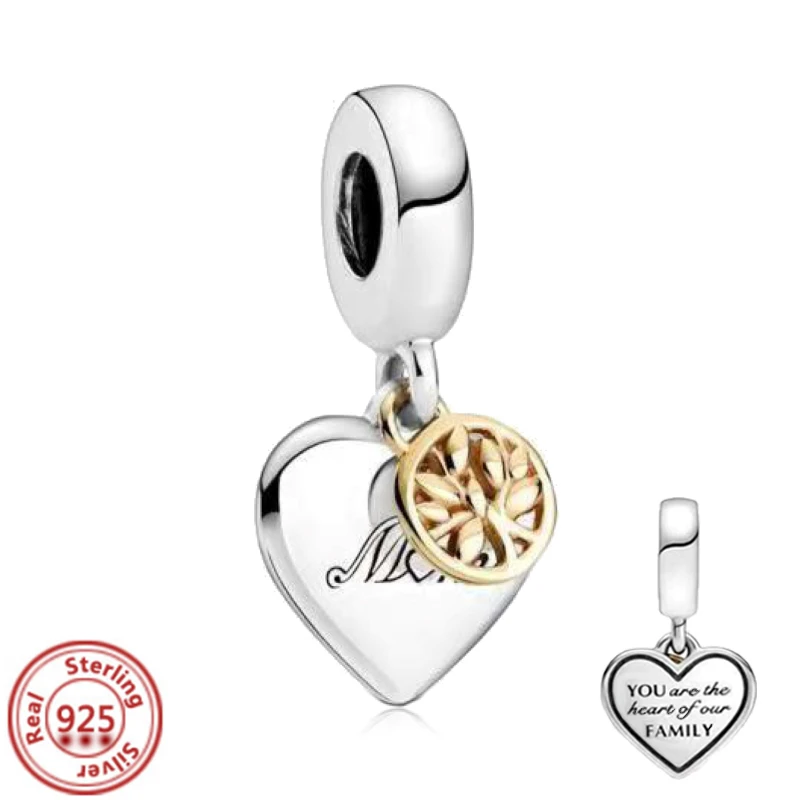 925 Sterling Silver Golden Heart-Shaped Birthday Candle Mom Tree Dangle Charm Beads Fit Original Pandora Bracelets Women Jewelry