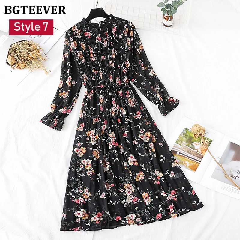 BGTEEVER Spring Stand Collar Floral Print Women Dress Lace Up Female Pleated Dress Summer Party Midi Chiffon Vestidos femme 2021