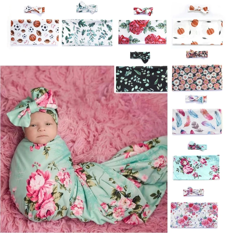 Newborn Photography Prop Baby Blankets Printed Infant Boys Girls Sleeping Swaddle Muslin Wrap Headband Set