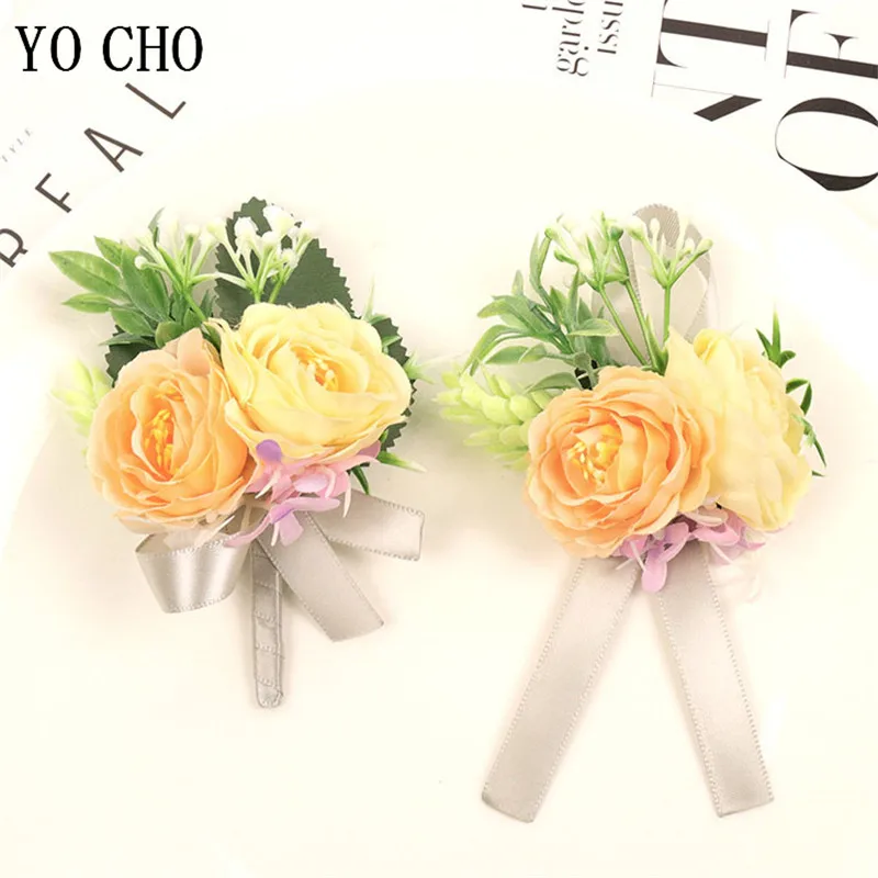 YO CHO Boutonniere Groomsmen Wedding Girl Wrist Corsage Bridesmaids Bracelet Flower Men Boutonniere Wedding Planner Corsage Pins