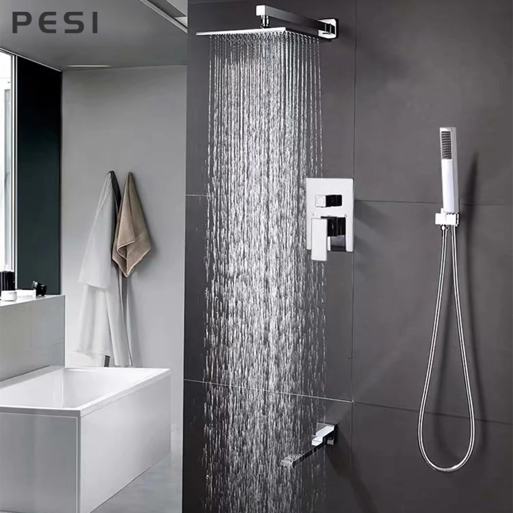 Wall Mount Rainfall Shower Faucet Set Chrome Concealed Bathroom Faucets System 8