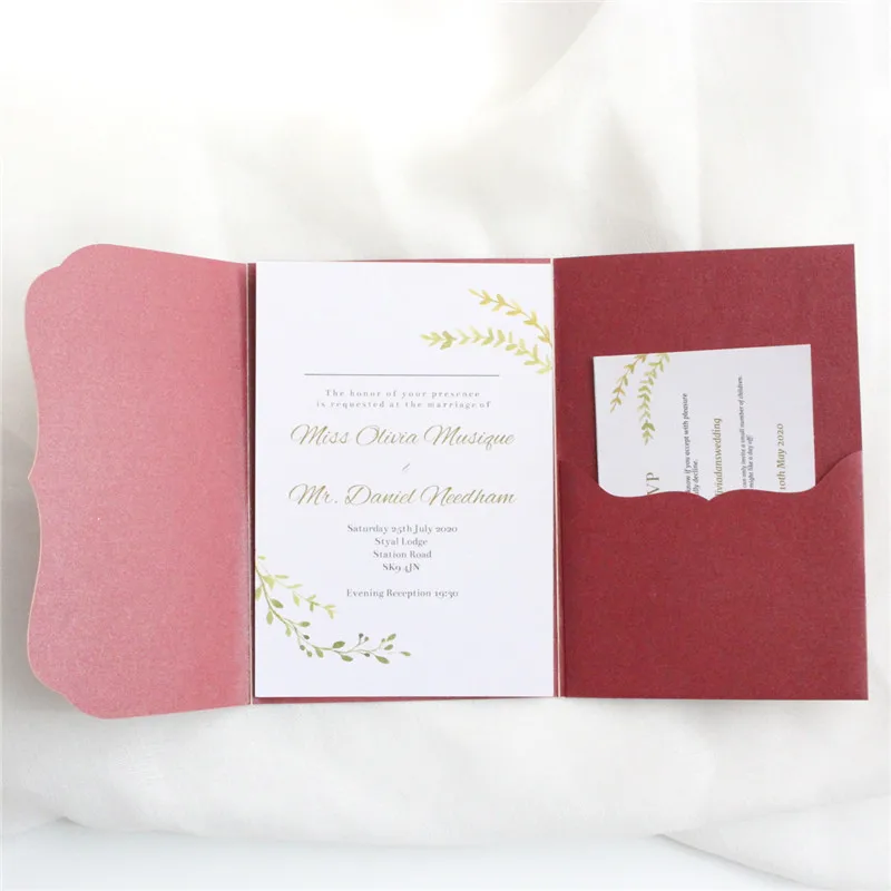 Burgundy Wedding Invitations Cards Pocket Tri-folding Greeting Card Engagement Party Supplier