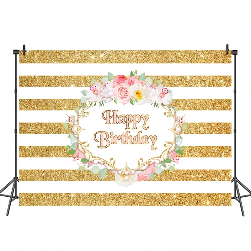 

MOCSIKA Happy Birthday Photography Backgrounds Gold and White Stripes Flower Banner Decoration Photography Backdrops Studio