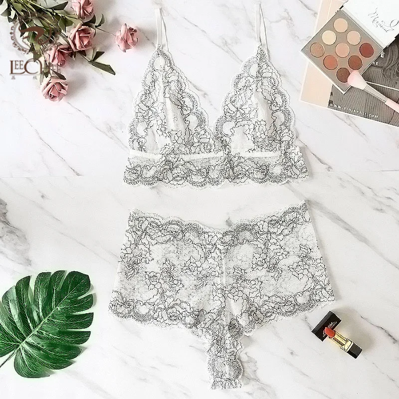 Leechee Bicolor Lace Bra Set Sensual Lingerie Women 3/4 Cup Bralette High Waist Panty Transparent Lingerie Set Sexy Underwear