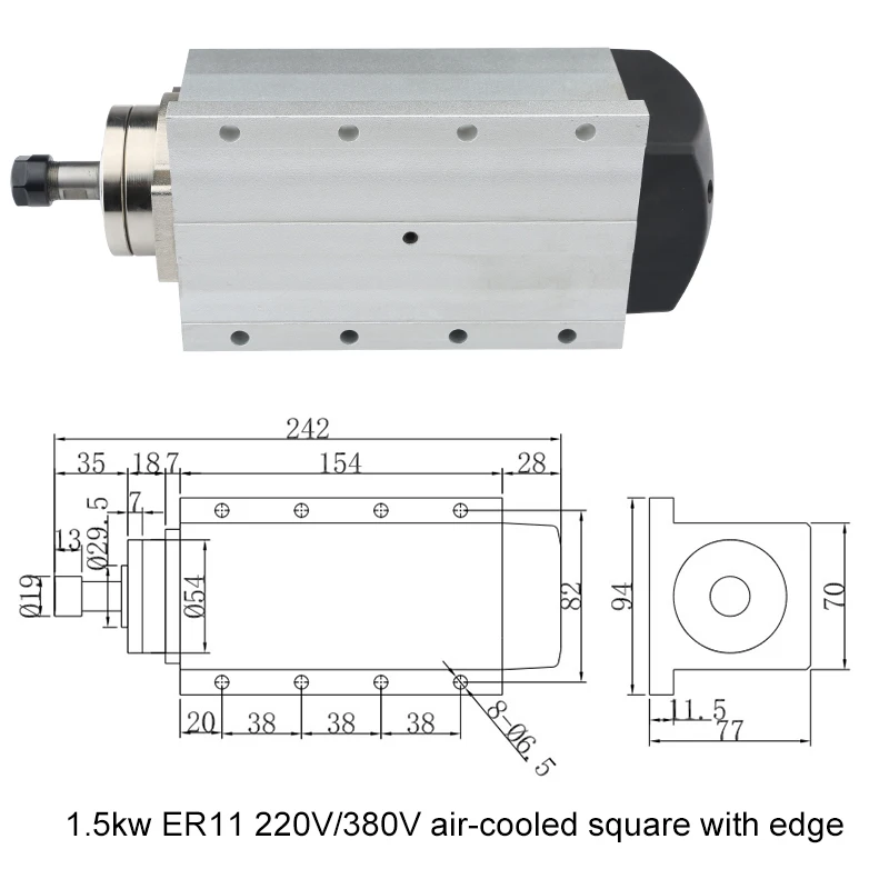 1.5KW Square Air-Cooled Spindle Motor Flash + 1.5kw VFD Inverter + 1 Set ER11 Collet CNC Milling Machine Engraving Milling Kit