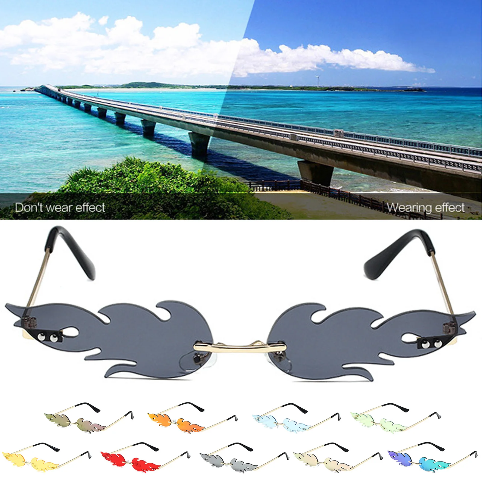 Car Driver Goggles Women Rimless Wave Glasses Luxury Fashion Metal Shades Vintage Women Mirror Eyewear UV400 Flame Sunglasses