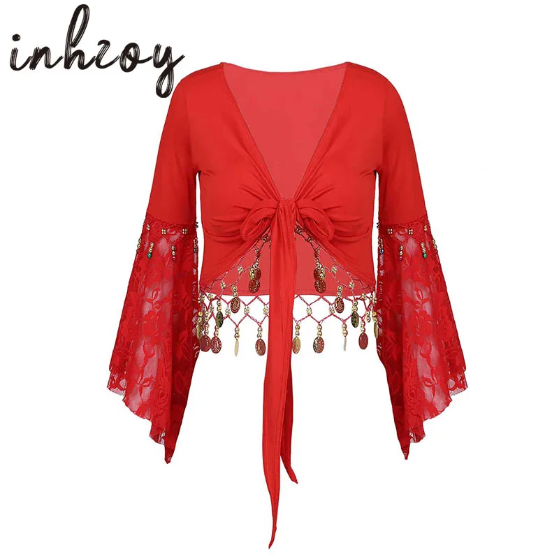 Kobiety indyjski brzuch kostium taneczny koronki Patchwork trzy czwarte Flare rękaw koralik frędzel-Up szal krótki Top Cardigan Dancewear