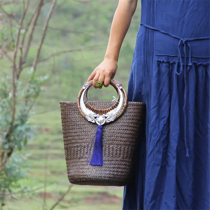 22x28CM Original Chinese Style Features Handmade Old Straw Retro Rattan Bag Handbag Woven New Bucket Bag a6113