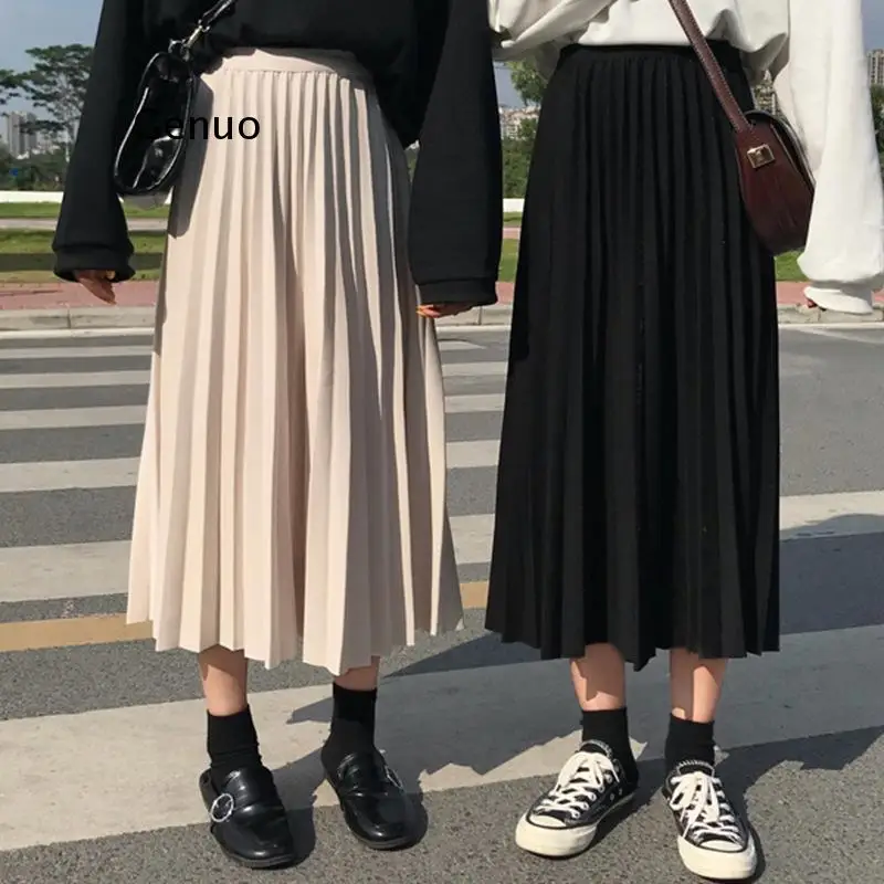 

2021 Winter Women Draped Rib Pleated Skirt Elastic High Waist Long Skirt Female Autumn Ladies High Quality Midi Skirt