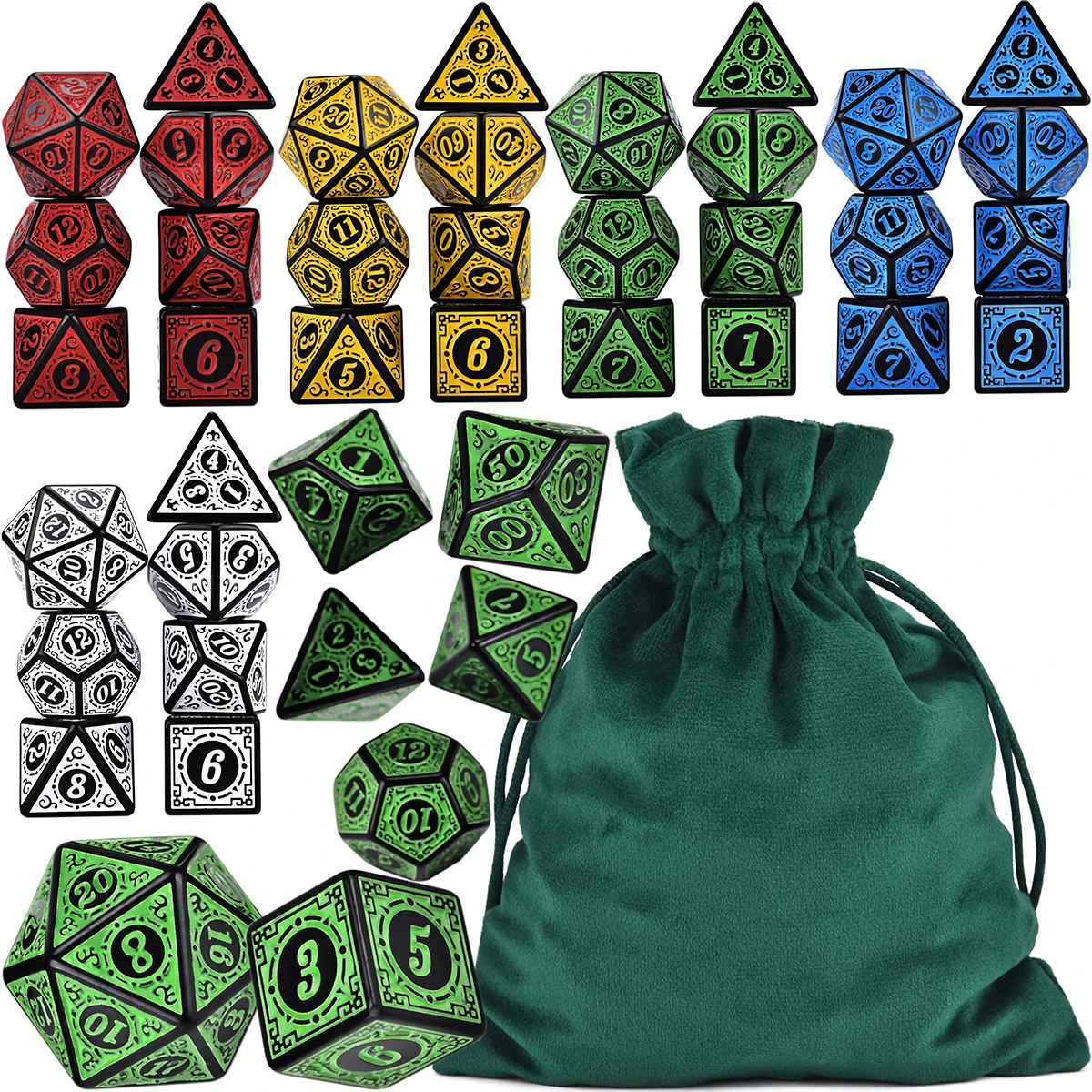 6 Sets Polyhedral 7-Die Rune Dice D4-D20 with Bag for DND RPG War Adventure Games