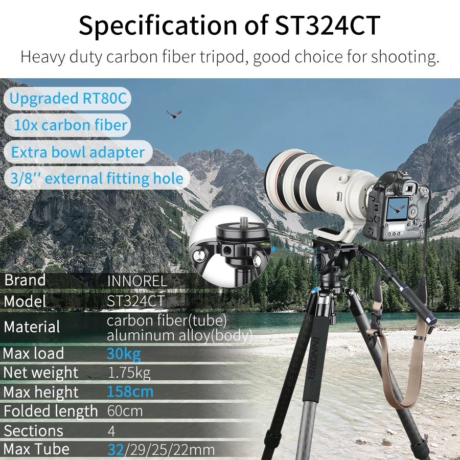 ST324CT/CF Professional 10 Layers Carbon Fiber Tripod for DSLR Camera Video Camcorder Birdwatching Heavy Duty Stand Bowl Adapter