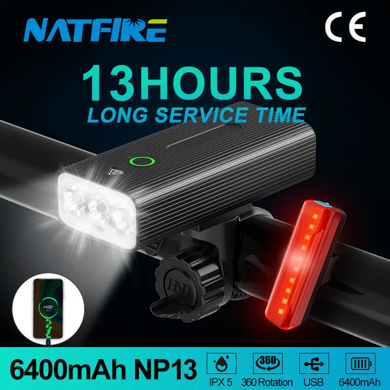 

NATFIRE 13Hours Bike Light USB Rechargeable 6400mAh Bicycle Lights Set Front and Back Rear Light Long Lasting for Road and MTB