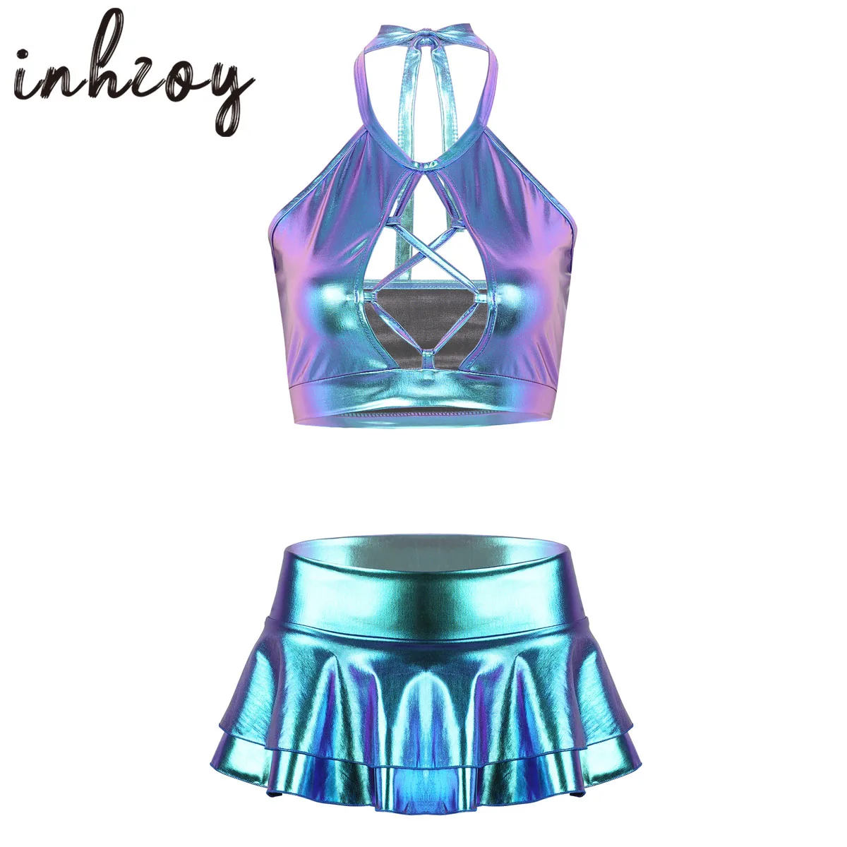 Women Pole Dance Clothing Shiny Metallic Rave Festival Outfit Halter Crop Top Bra Vest With  Faux Leather Fantasy Mini Skirt Set