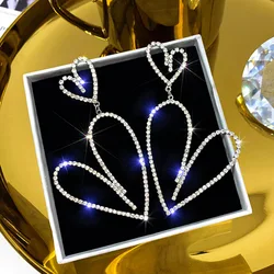 European Crystal Big Double Heart Earrings For Women Korean Sweet Elegant Long Hollow Rhinestone Earrings LOVE Wedding Jewelry