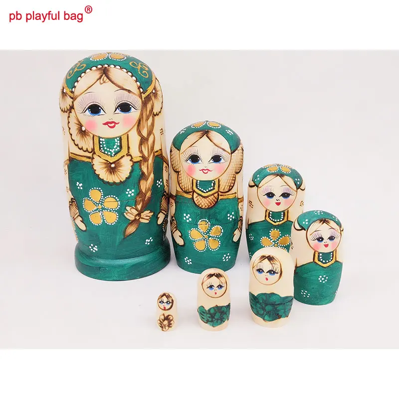 PB Spielerische tasche Sieben story green geflochtene mädchen Russische Puppe Set spaß holz spielzeug set handwerk paar geburtstag geschenk HG20