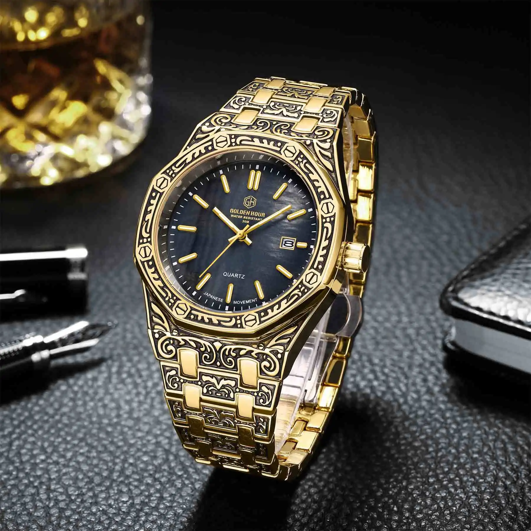 2023 Year Carve Vintage Watches Classic Green Water Ghost table waterproof Engrave Copy Quartz Watch bracelet Free shipping