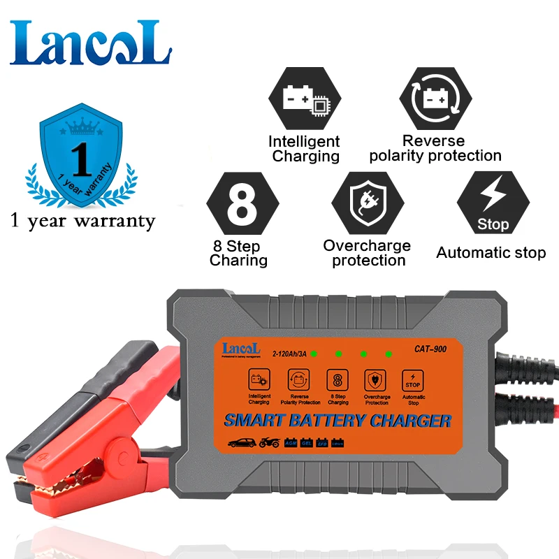 

LANCOL CAT-900 Car Battery Charger 12V 3A Portable Full Automatic Smart Car Battery Charger Repair Maintainer Wet Dry Lead Acid