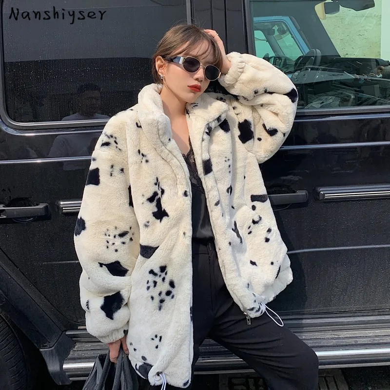 

Short Loose Stand-up Collar Drawstring Waist Lace Up Thicken Faux Fur Coat Women 2024 Winter Soft Plush Warm Outerwear Female