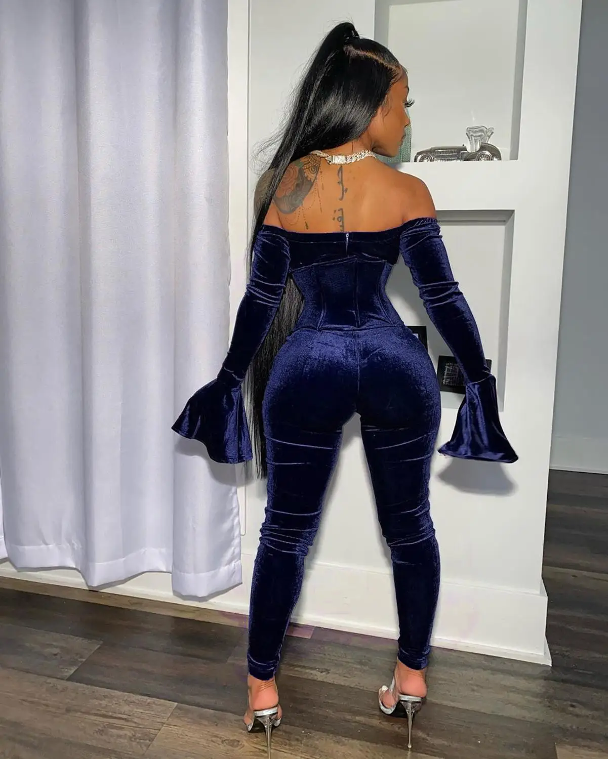 BKLD 2 Piece Set Women 2024 Autumn Sexy Bodycon Clubwear Off The Shoulder Flare Long Sleeve Bandage Tops And Pants Velvet Sets