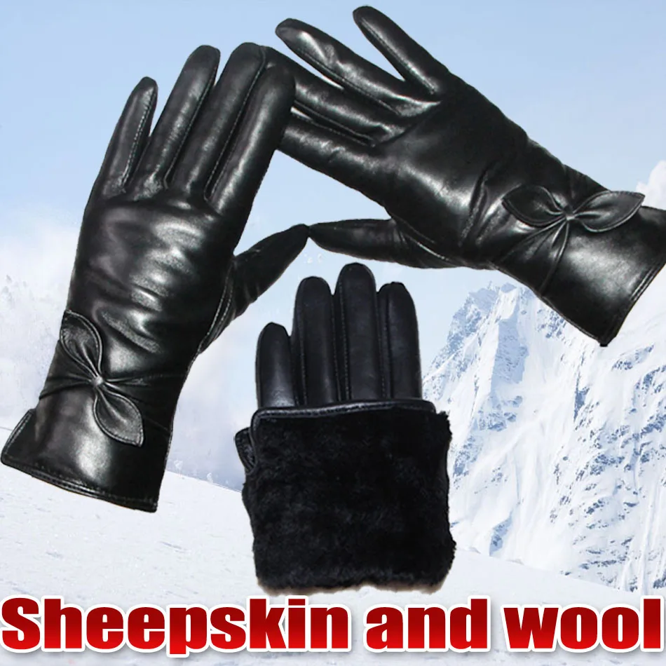 Leather Fur Sheepskin Gloves Women\'s  Sheepskin Wool Gloves Thick Warm Leather Real Wool Gloves Winter Touch Screen  Windproof