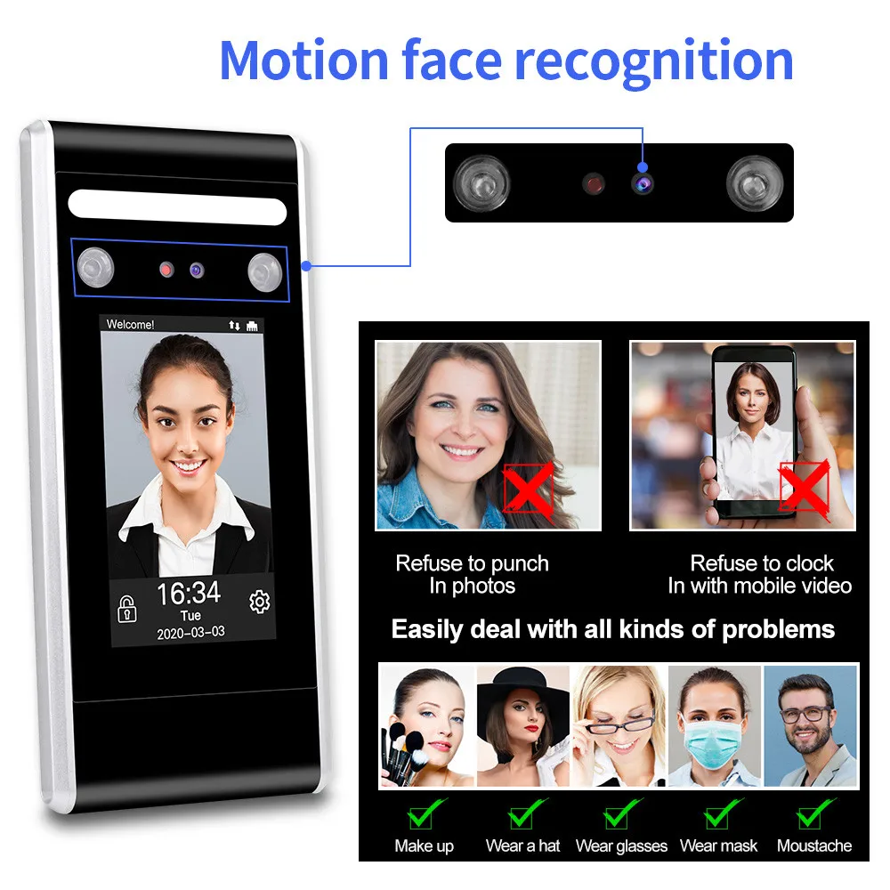 125KHz/13.56MHz RFID Access Control Keypad WiFi TCP/IP/USB Dynamic Face Biometric System Facial Time Attendance Machine ID IC