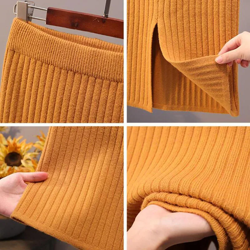 Women Autumn Winter Knitted Midi Skirt High Waist Warm Elegant Knitting Ribbed Black Skirts Female Sexy Split Office Skirts