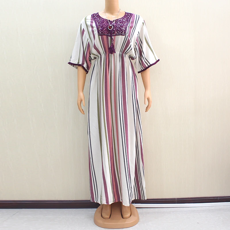 

New African Traditional Collar Embroidery Dashiki Dress Women Plus Size Strapped Cotton Long Dresses