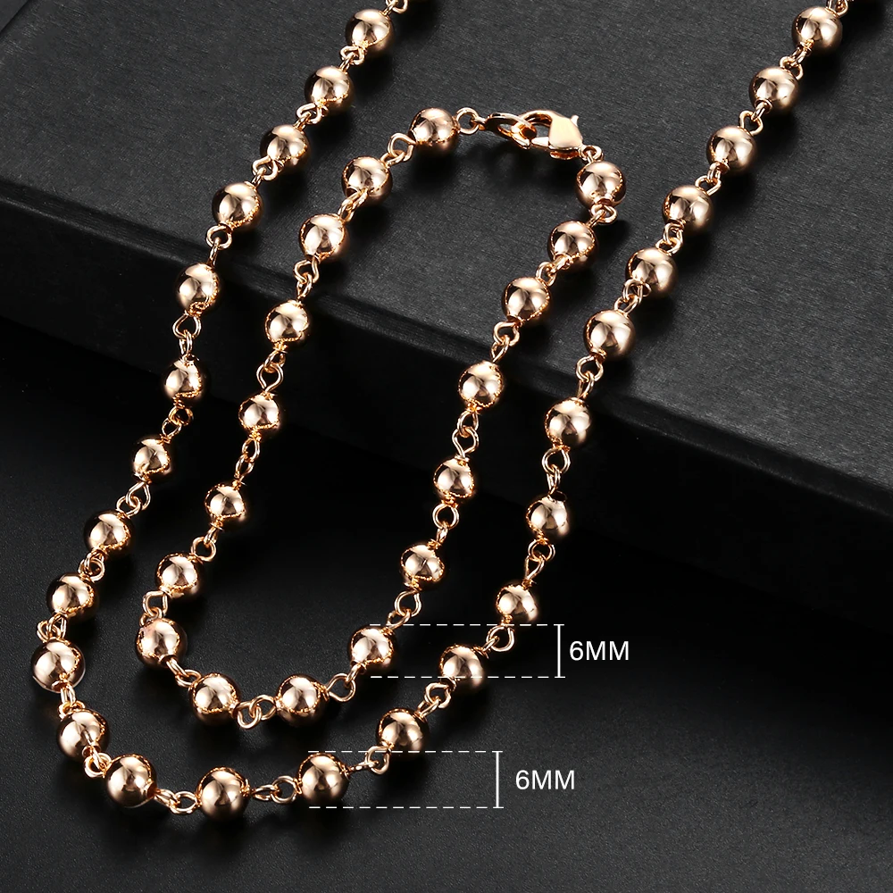 585 Rose Gold Color 6/8/10mm Bead Chain Necklace Bracelet Set for Women Girls Lobster Clasp Wedding Elegant Jewelry Gift CSM02