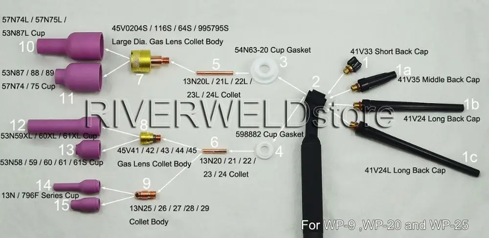 TIG KIT COLLET Bodies 13N26 13N27 13N28 13N29 สำหรับไฟฉายเชื่อม TIG WP SR PDA DB 9 20 25,4PK