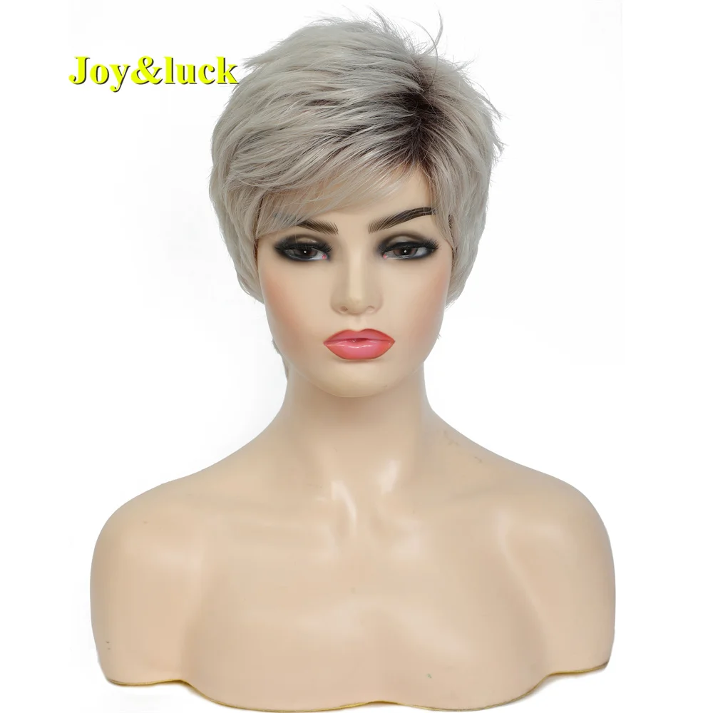 

Synthetic Short Straight Light Blonde Ombre Brown Hair Roots With Bangs Wigs For White Women Daily Use Wig