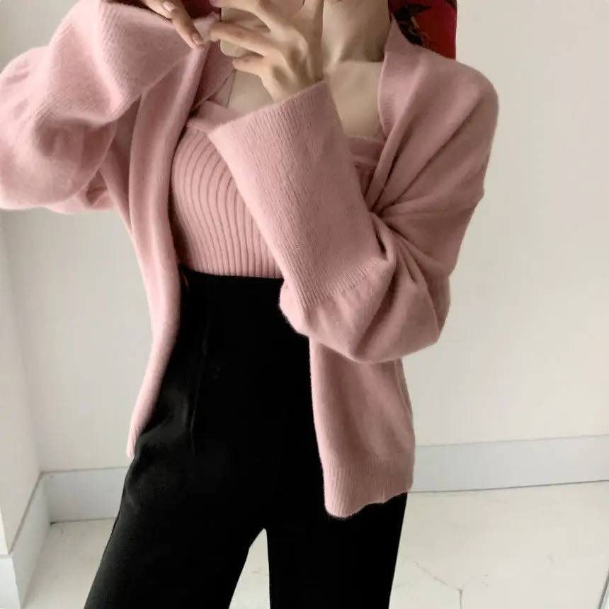 Two Pieces Sets Women Knitted Cardigan 2021 New Long Sleeve Knitwear Coat + Slim Basic One Word Collar Vest Autumn Sweater Suits