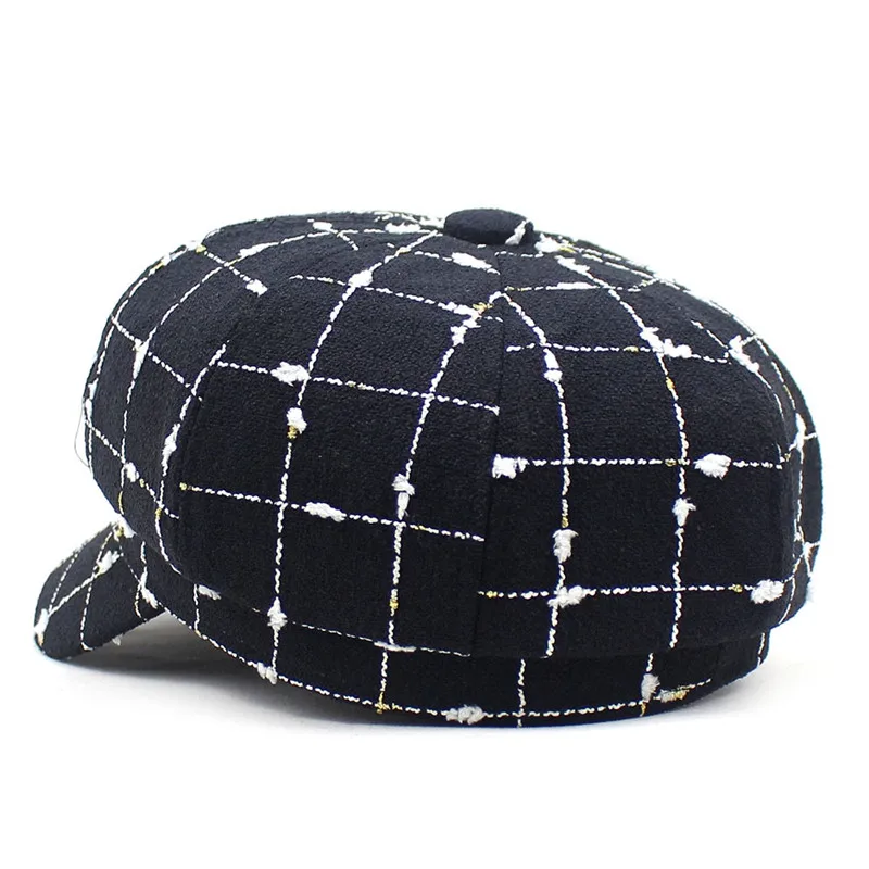 Ldslyjr 2021 Cotton Women Plaid Duck Tongue Beret Simple Casual Octagonal Cap Autumn and Winter Joker Painter Hat 12