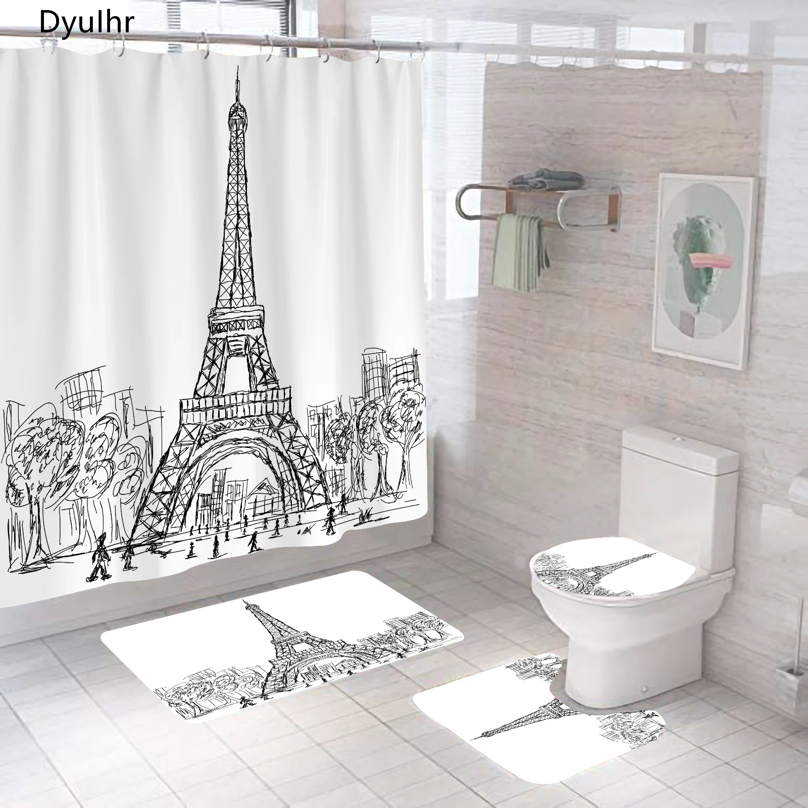 Bathroom Accessories Sketch Sketch Printing Polyester Waterproof Shower Curtain Toilet Seat Mat Floor Mat Bathroom Kit DyuIhr