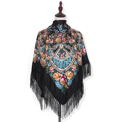 135*135cm Women Russian Style Big Square Scarf Blanket Fringed Shawl Retro Floral Printed Scarves Babushka Hijab Head Wraps
