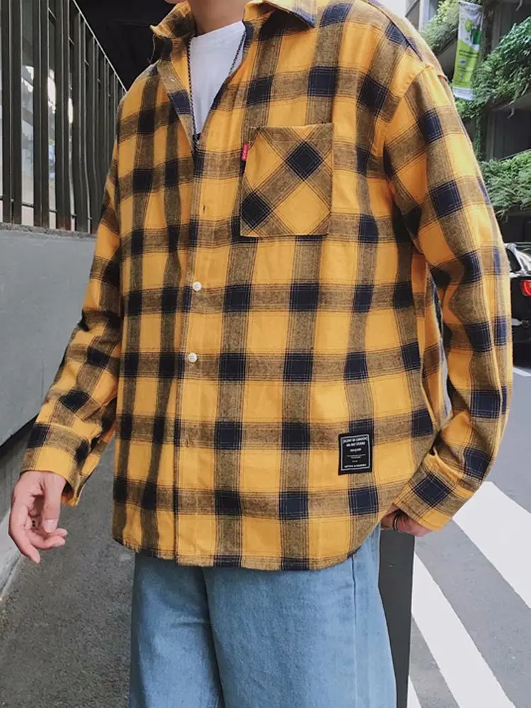 Men Harajuku Color Block Plaid Shirt 2021 Mens Streetwear Thick Shirts Long Sleeve Male Vintage Korean Fashions Clothes