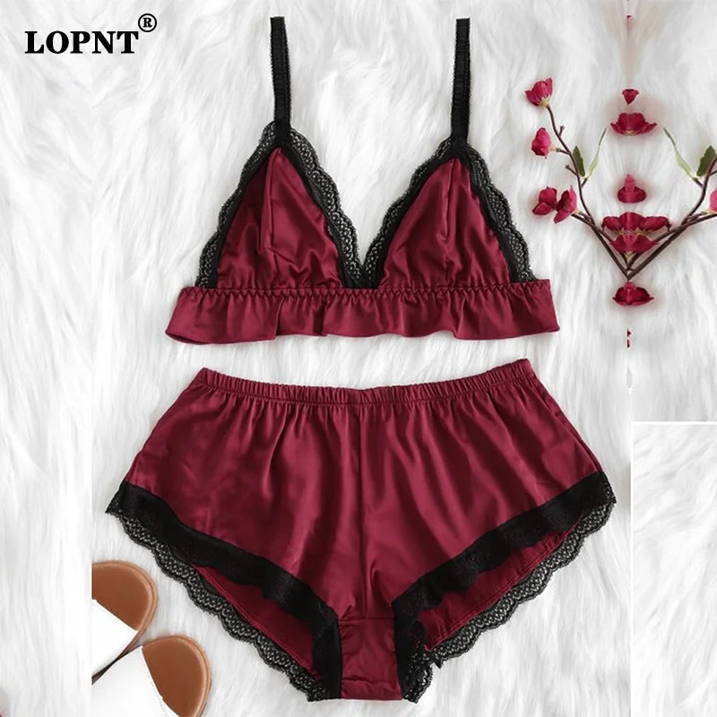 LOPNT Mulheres Pijamas de Renda Dividir Conjunto de Pijamas de Pano Brilhante Roupa de Dormir Sutiã Top + Shorts Lingerie Sexy Camisola Roupa