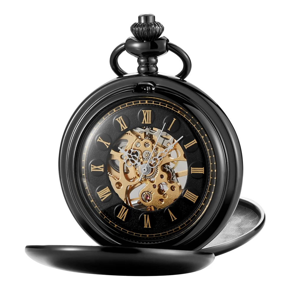 Vintage 2 Sides Open Case Mechanical Men's Watch Double Face Roman Dial Clock Hand Wind Pocket Watch With FOB Chain Gift