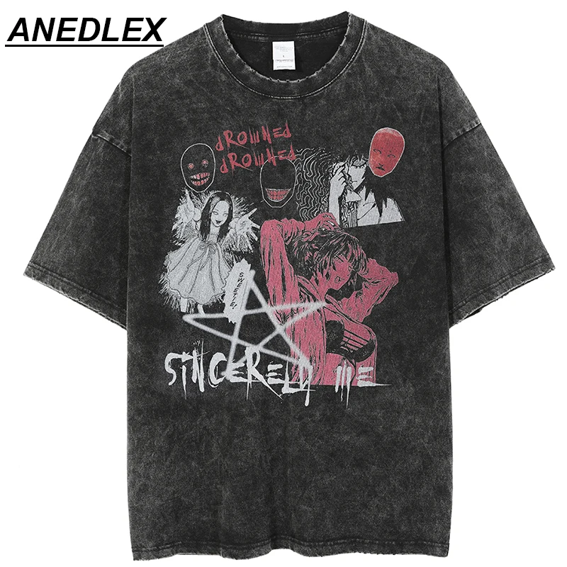 

2022 Men Hip Hop Streetwear Oversize T Shirt Women Thriller Comic Graphics T-Shirt Summer Washed Old FuJiang Anime Top Tees