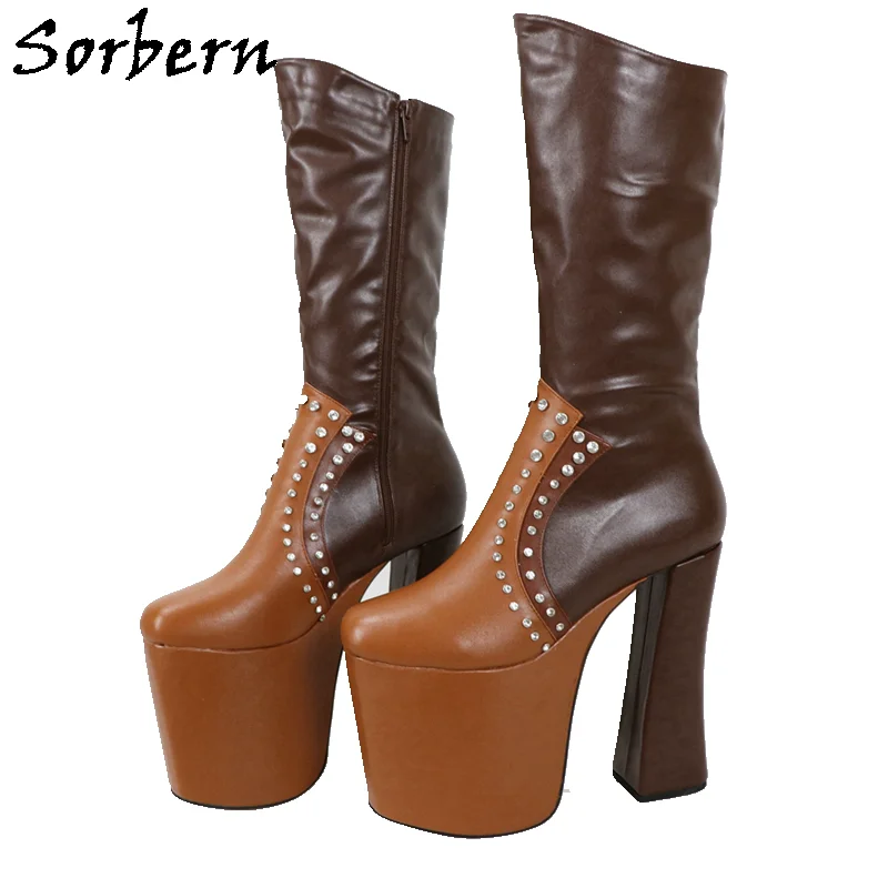 

Sorbern Designer Women Boots Block High Heel Ladies Runway Boots Custom Multi Colors Platform Crystals Rivets Sissy Boy Boot