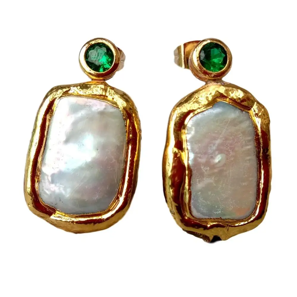 

YYGEM Green Cubic Zirconia Pave rectangle Freshwater Cultured White Biwa Pearl gold filled Stud Earrings