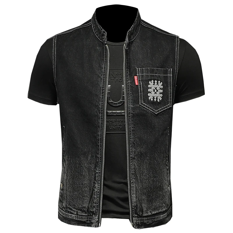 

2022 Jean Jacket Men Denim Vest Coats Black Slim Stand-up Collar Zipper Sleeveless Motorcycle Style Waistcoat Coat Cowboy Brand