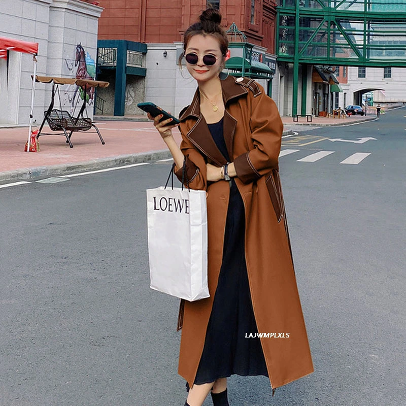 2022 New Spring Autumn Fashion Double-breasted Coat Woman Long Hit Color Windbreaker Loose Fit Bandage Trench Female FY162