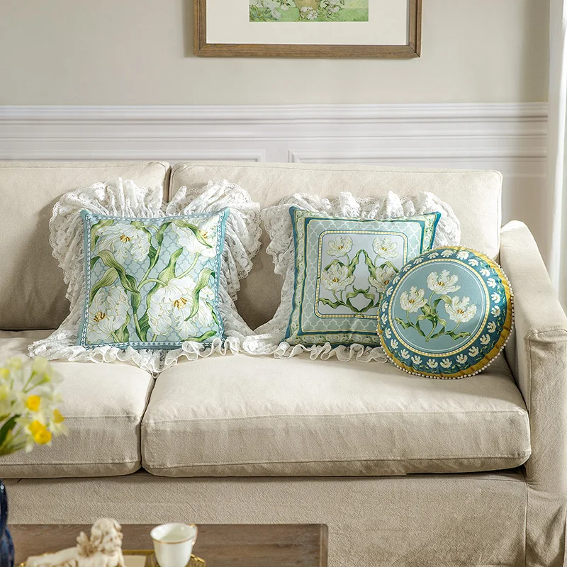 Pearl Cushion Cover with Lily Flowers Artwork, Square Accent Pillow Case, Blue and Green, Light Luxury Lace, 45x45cm view 4