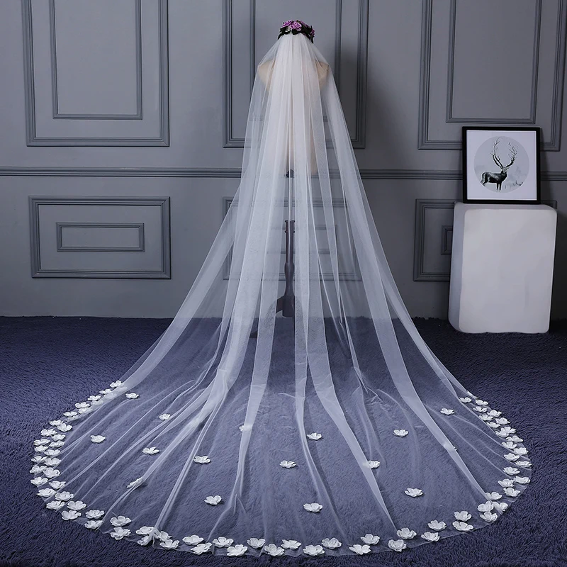 Jiayigong Flower Bridal Veils 3 meters Tulle Cathedral Veil Wedding  for Bride