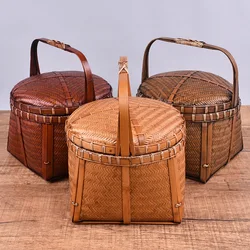 Handmade Bamboo Woven Retro Portable Basket, Household Picnic Box, Tea Set Storage