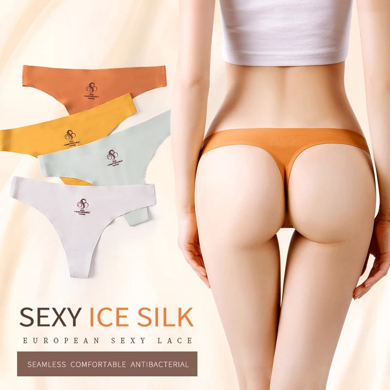 Women G-String Seamless Panties 3pcs Sexy Solid Color Underwear Breathable Ice Silk Ladies Briefs Cotton Antibacterial Crotch