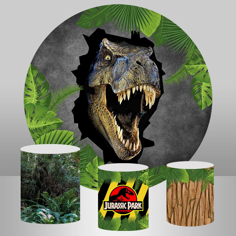 

Dinosaur Party Photo Background Cartoon Jurassic World Kids 1st Birthday Cake Banner Boy Baby Shower Circle Round Backdrop