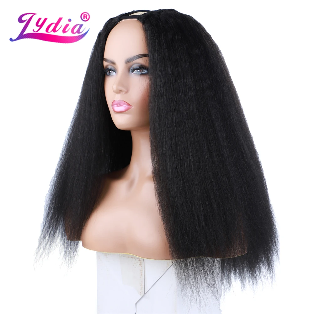 Lydia Afro Kinky Lurus U Bagian Warna Hitam Alami Rambut Wig Sintetis Tahan Panas 16-22 Inch Harian Wig untuk Wanita Wanita