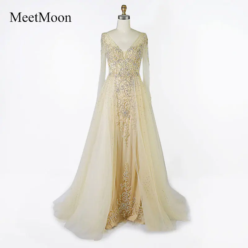 MeetMoon Long Sleeve Dress evening A-line V-neckline Rhinestone Beaded Formal Reception Birthday Party Gown ME009