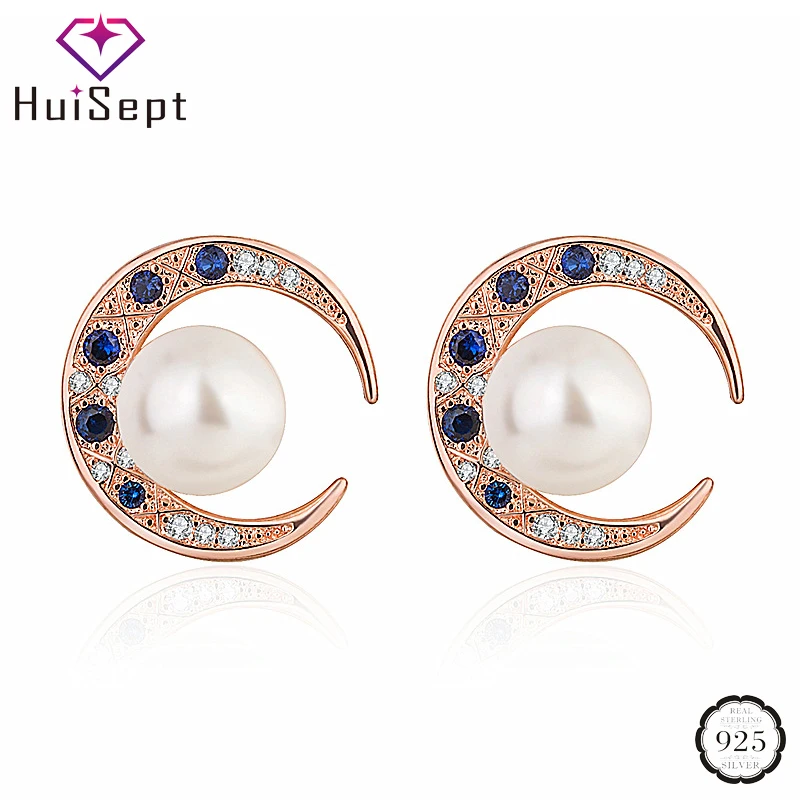 

HuiSept Fashion Pearl Earrings 925 Silver Jewellery Moon Shape Sapphire Zircon Gemstones Stud Earrings for Female Wedding Party